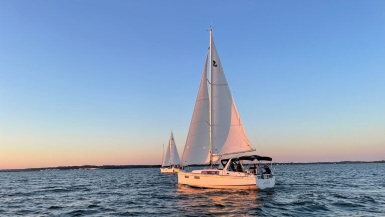 SailTime Annapolis sailboats cruising into Annapolis at sunset
