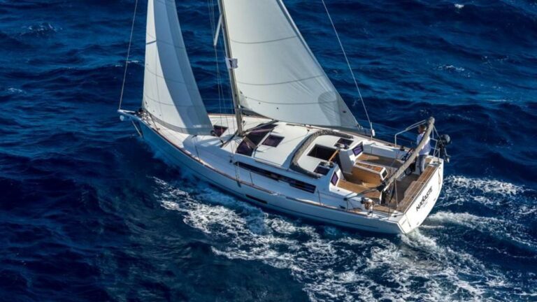 Dufour 360 under sail from above