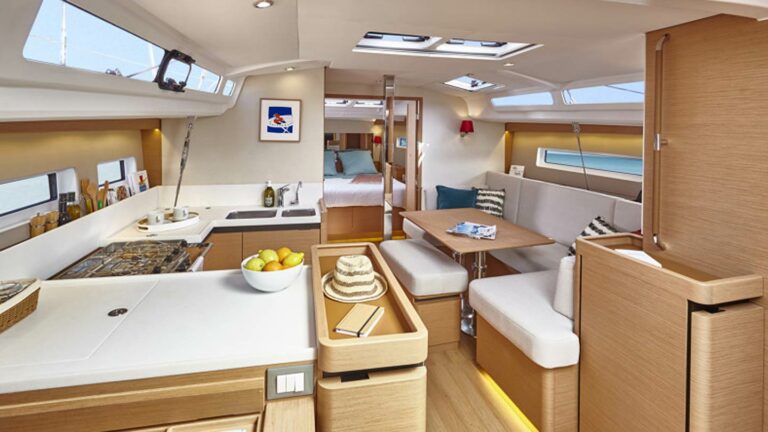 Jeanneau Sun Odyssey 389 Aquitania interior galley and salon