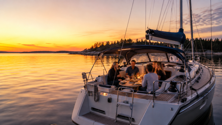 Blog 10 Friends enjoying dinner aboard a sailboat during their first overnight sailing trip